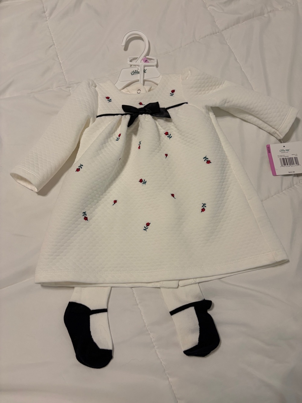 Little Me White Dress with Black Bow and Red Embroidered Flowers